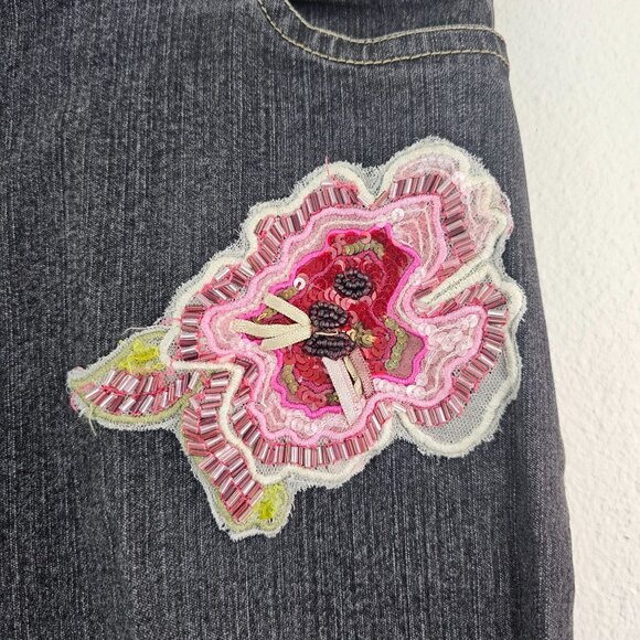 R Denim Womens Sz 12 Floral Beaded Embroidered Y2K Straight Leg Jeans Black Wash - Picture 2 of 10